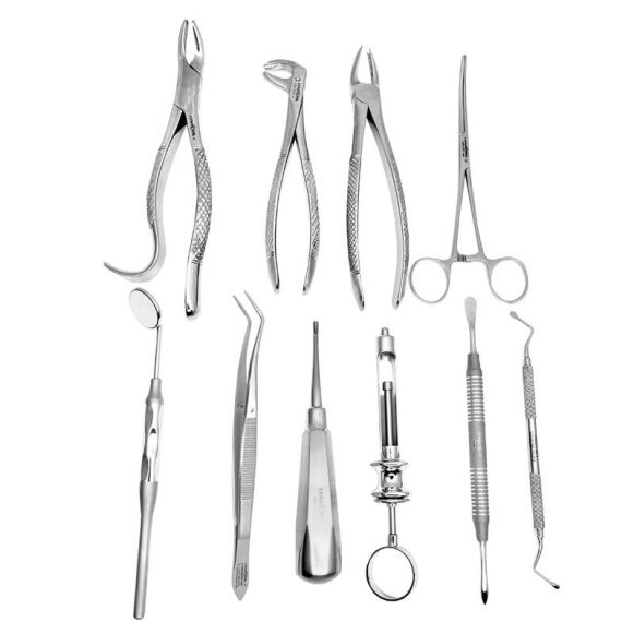 Basic-Dental-Extraction-Setup-Forceps-Elevators-Periosteal-Syringe-Mirror-copy-1.jpg Basic Dental Extraction Kit - Image 1