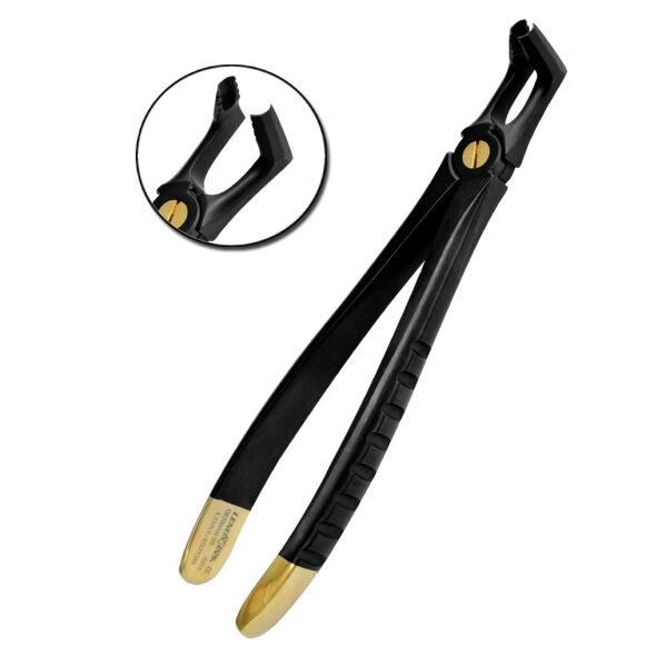 LDA1-157-Universal-Atraumatic-Extraction-Forcep-lower-Molars-BG-copy-1.jpg Deep Gripping Atraumatic Extraction Forceps, Lower Molars BLACK & GOLD Series - Image 1