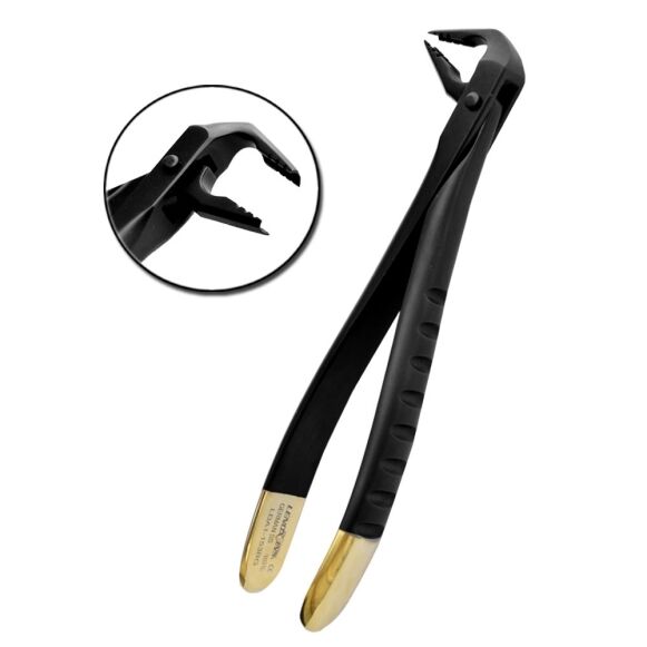 Deep Gripping Atraumatic Extraction Forceps, Lower Anterior, BLACK & GOLD Series - Image 1